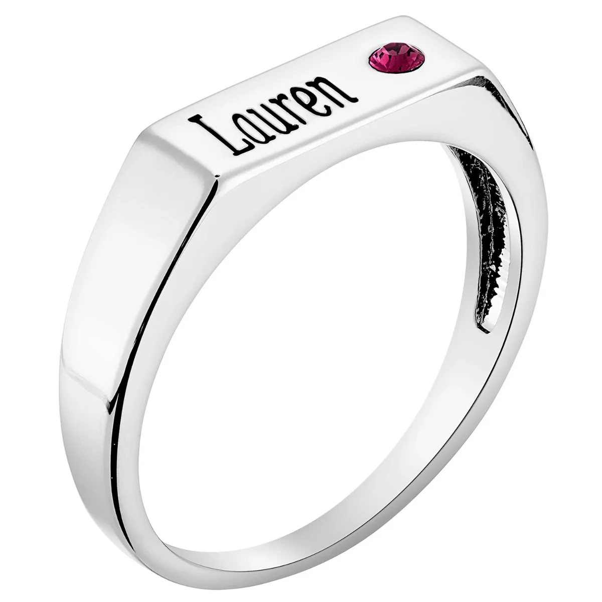 Silver Plated Engraved Name and Birthstone Rectangle Ring - Image 3