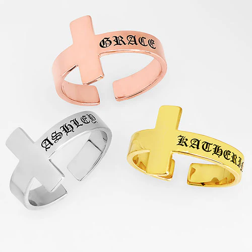 Silver Plated Engraved Name Cross Ring