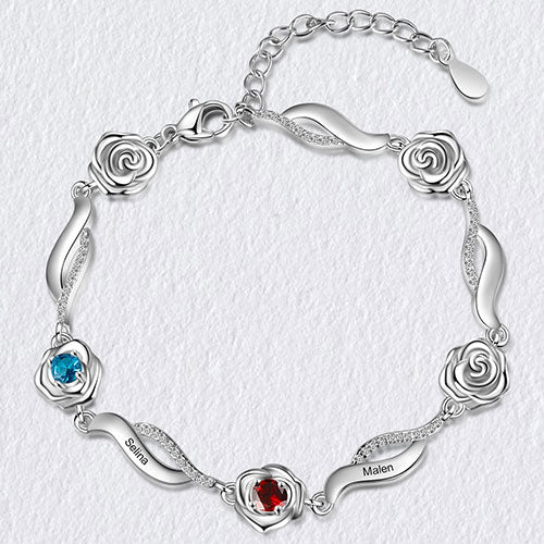 Silver Plated Engraved Scroll and Birthstone Flower Bracelet - Image 3