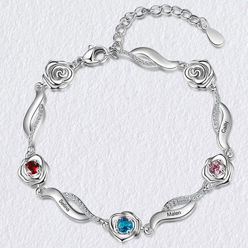 Silver Plated Engraved Scroll and Birthstone Flower Bracelet - Image 4