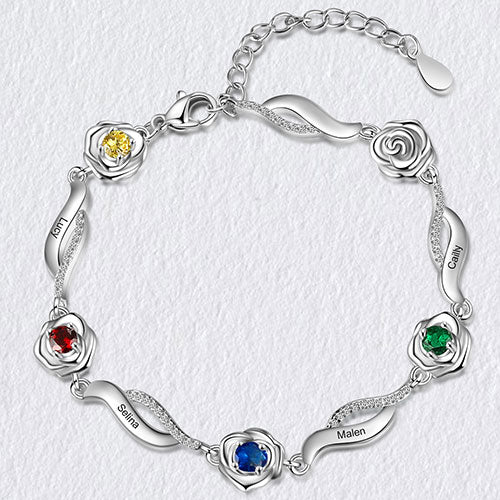 Silver Plated Engraved Scroll and Birthstone Flower Bracelet - Image 5