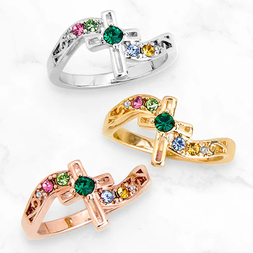 Silver Family Birthstone Diamond Accent Cross Ring - Image 6