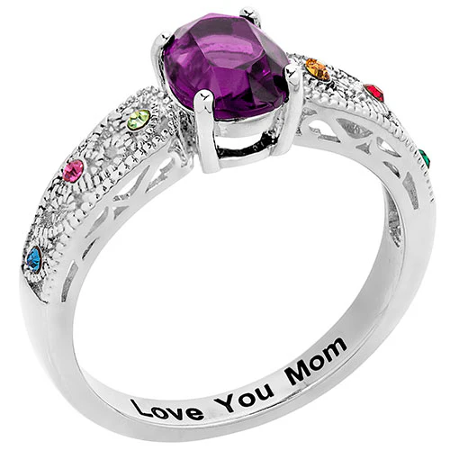 Silver Plated Filigree Oval Family Birthstone Ring - Image 2