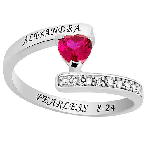 Silver Plated Heart Birthstone Bypass Diamond Accent Class Ring
