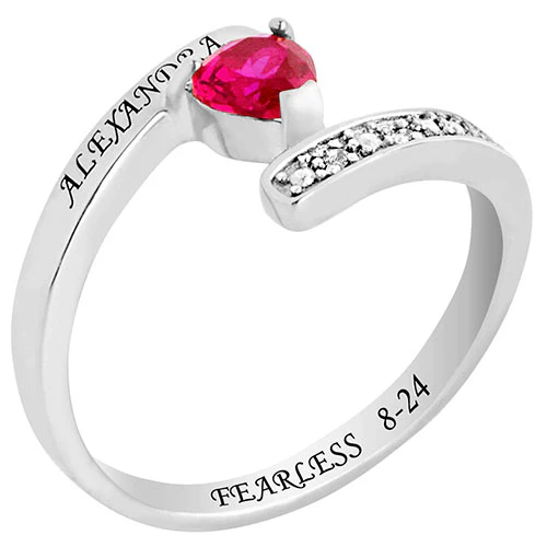 Silver Plated Heart Birthstone Bypass Diamond Accent Class Ring - Image 2