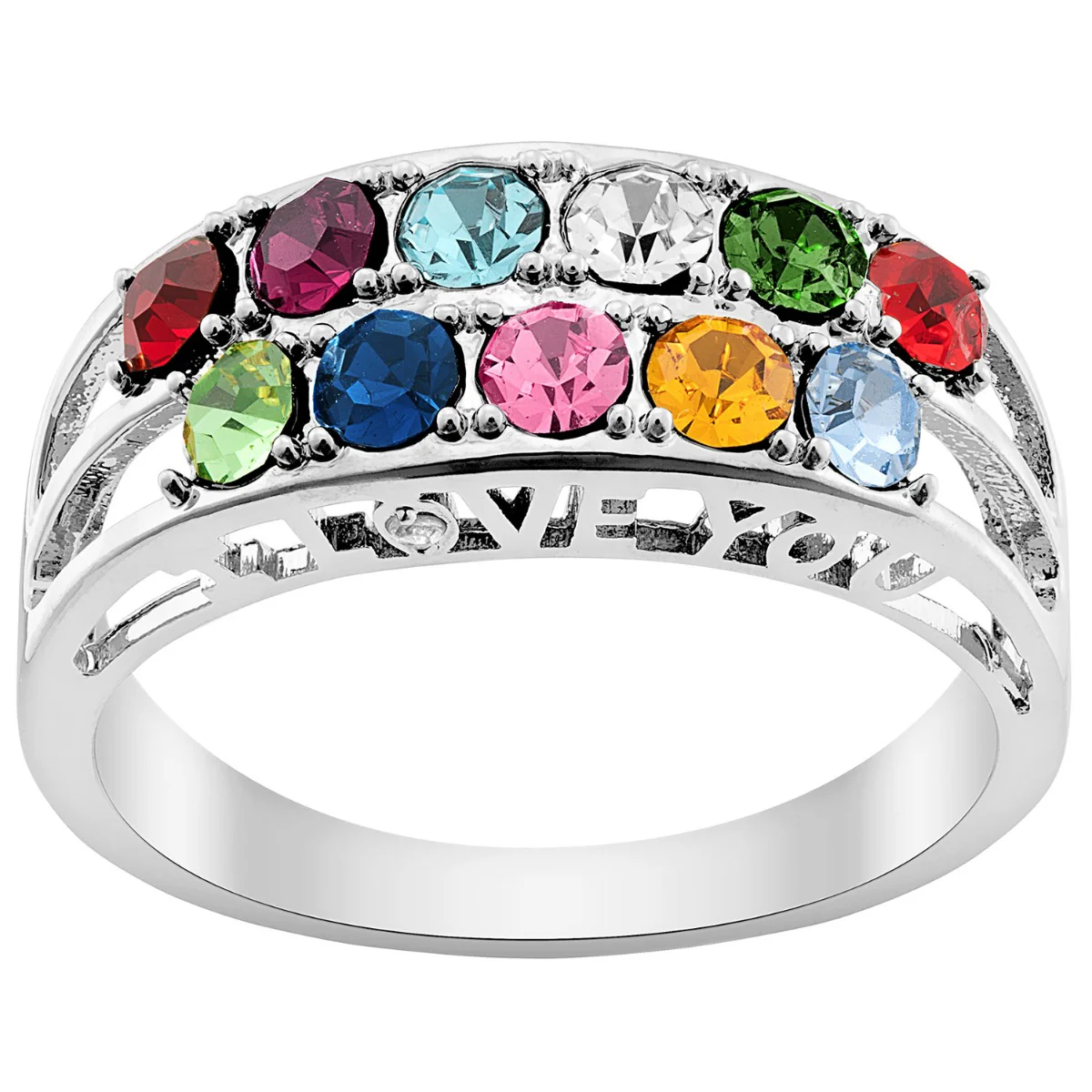 Silver Plated I Love You Family Birthstone and Diamond Accent Ring with Free Pearl Earrings - Pierced