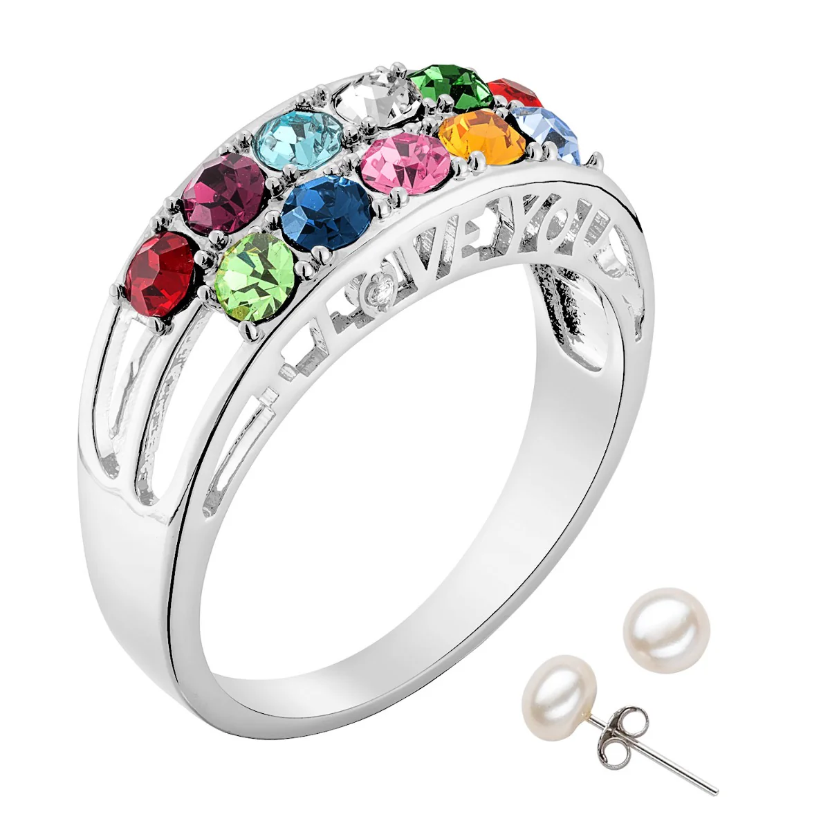 Silver Plated I Love You Family Birthstone and Diamond Accent Ring with Free Pearl Earrings - Pierced - Image 2