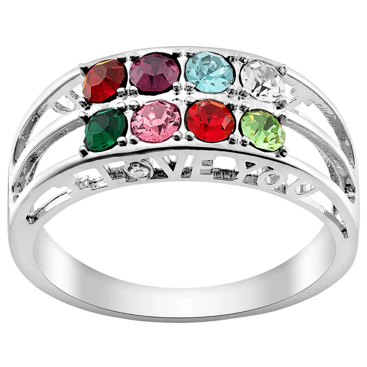 Silver Plated I Love You Family Birthstone and Diamond Accent Ring with Free Pearl Earrings - Pierced - Image 3