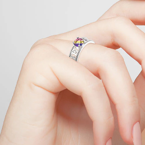 Silver Plated Iridescent Stone Double Name Beaded Ring - Image 4