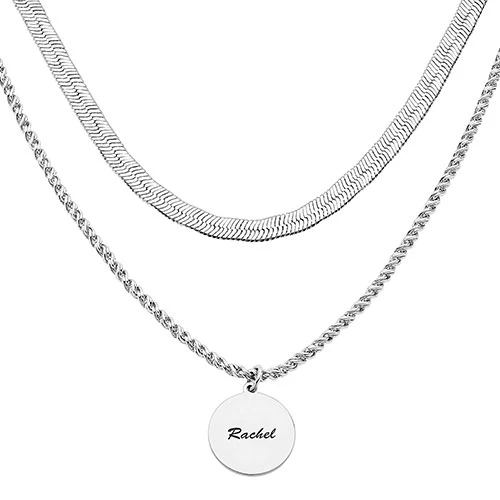 Personalized Layered Herringbone Necklace with pendant - Image 4