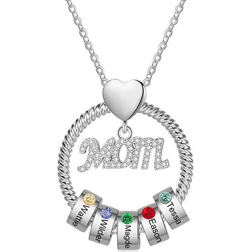 Silver Plated Mom Circle Pendant with Engraved Birthstone Charm