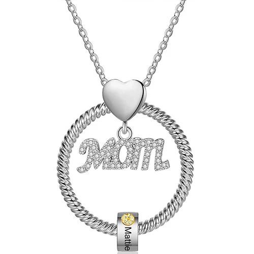 Silver Plated Mom Circle Pendant with Engraved Birthstone Charm - Image 3