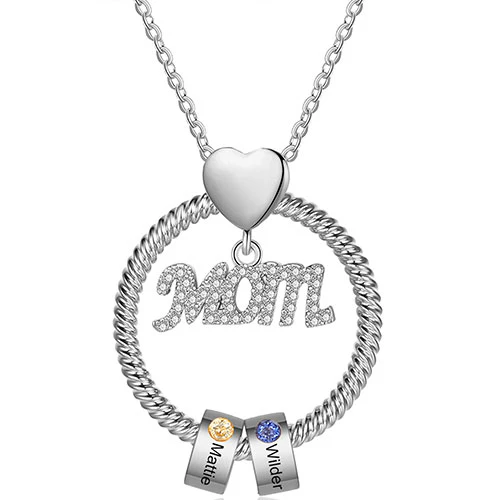 Silver Plated Mom Circle Pendant with Engraved Birthstone Charm - Image 5