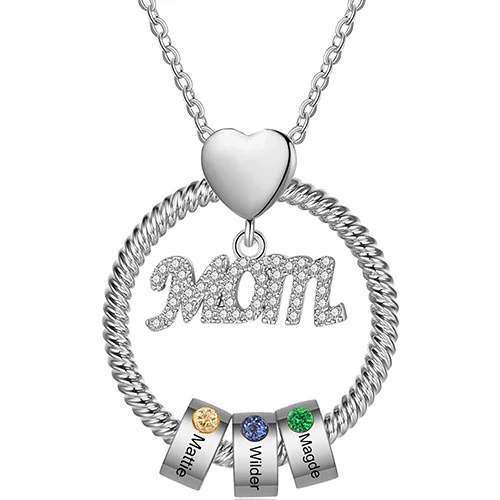 Silver Plated Mom Circle Pendant with Engraved Birthstone Charm - Image 6