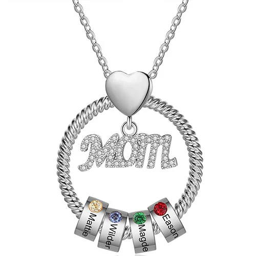 Silver Plated Mom Circle Pendant with Engraved Birthstone Charm - Image 7