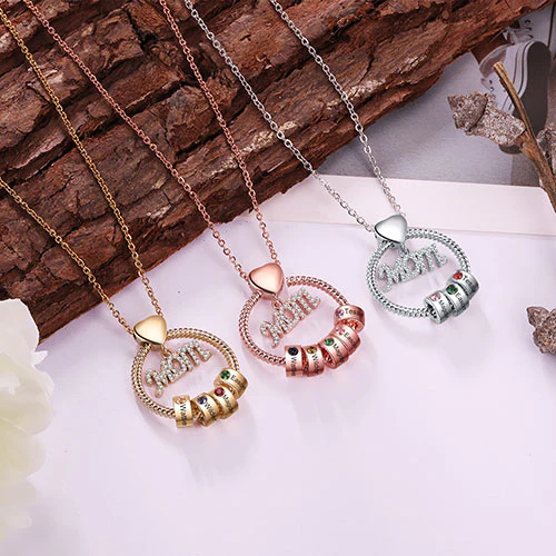 Silver Plated Mom Circle Pendant with Engraved Birthstone Charm - Image 8