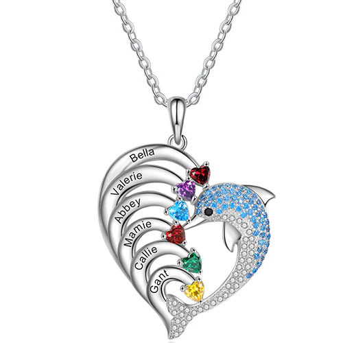 Silver Plated Pave Dolphin Open Heart Engraved Birthstone Necklace - Image 10