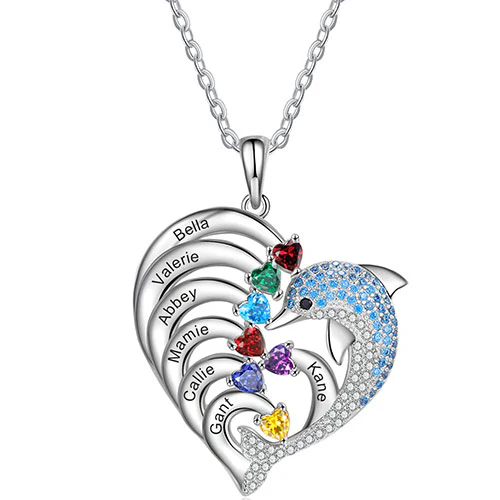 Silver Plated Pave Dolphin Open Heart Engraved Birthstone Necklace - Image 11