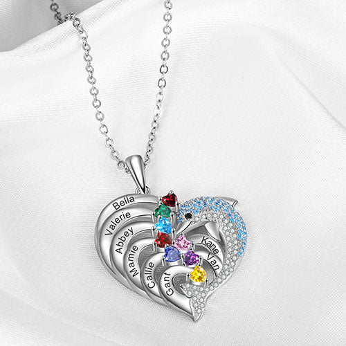 Silver Plated Pave Dolphin Open Heart Engraved Birthstone Necklace - Image 2