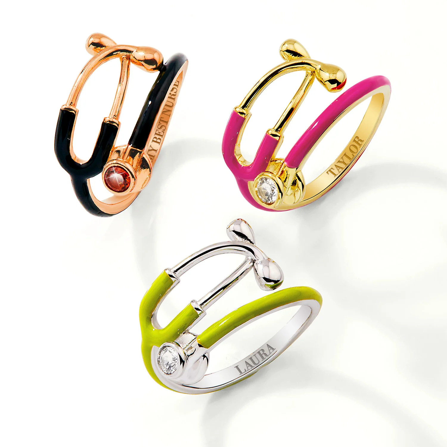 Silver Plated Personalized Birthstone & Enamel Stethoscope Wrap Ring - Image 5