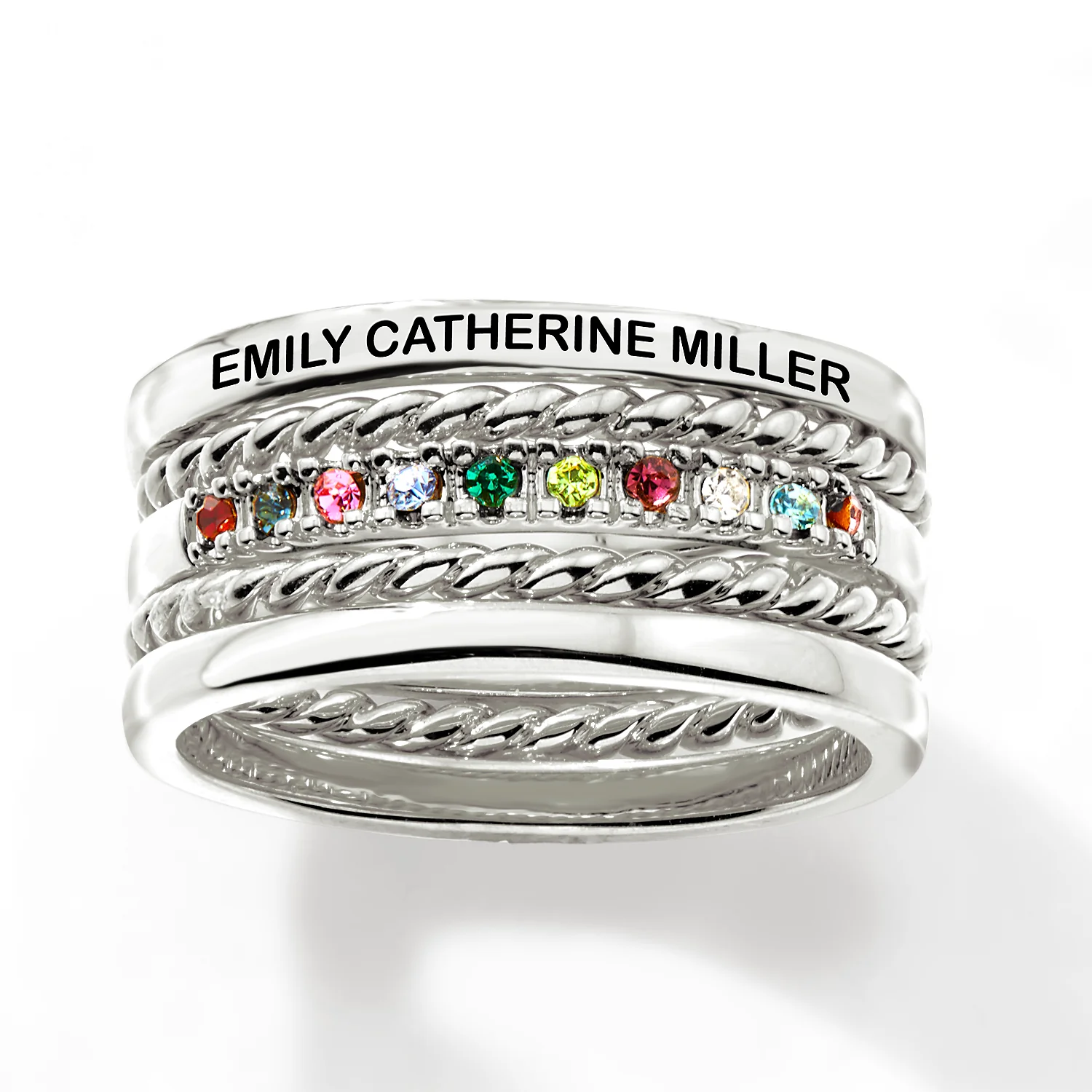 Silver Plated Personalized Family Birthstone Roped Stackable 5 Ring Set