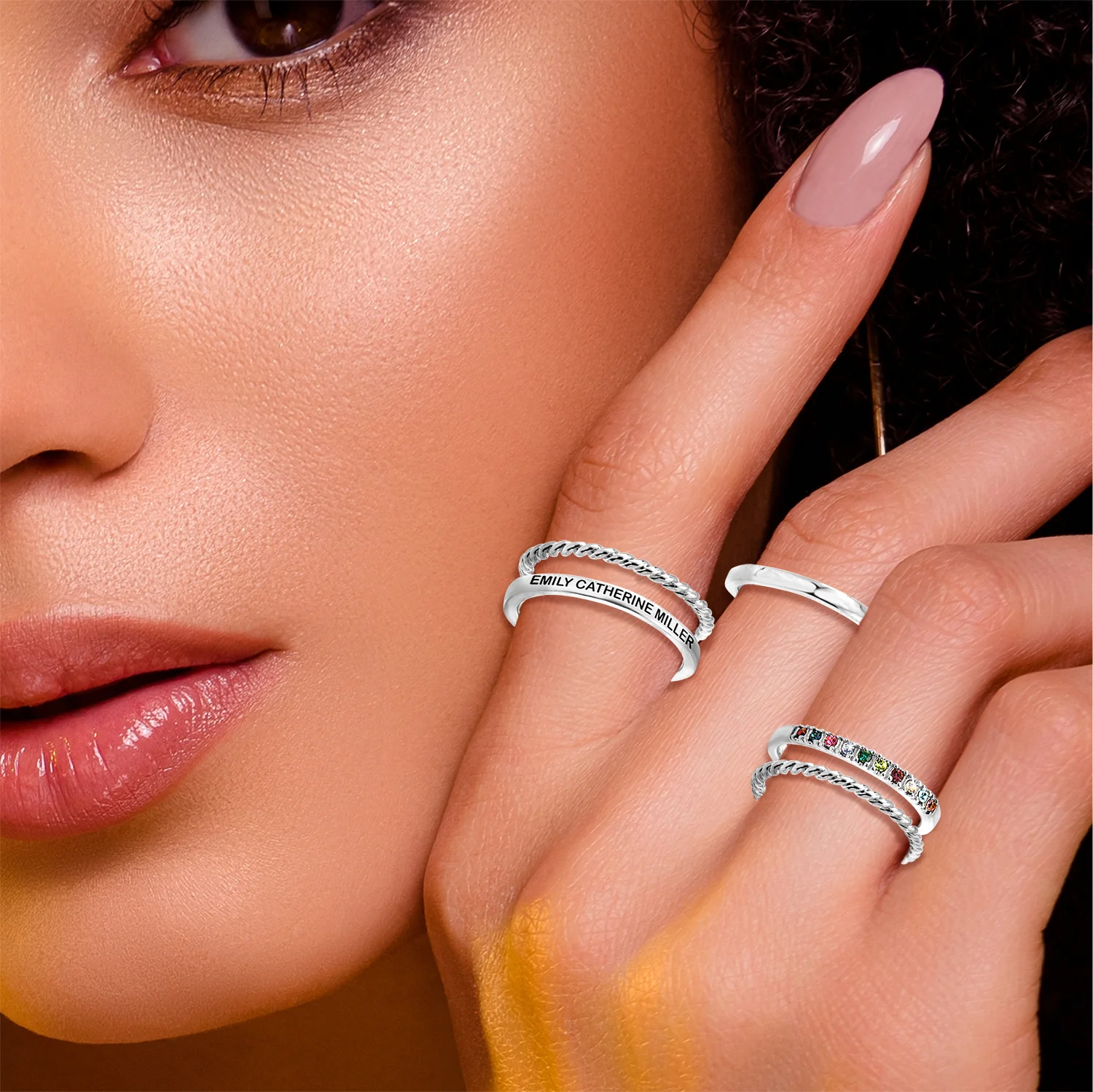 Silver Plated Personalized Family Birthstone Roped Stackable 5 Ring Set - Image 2