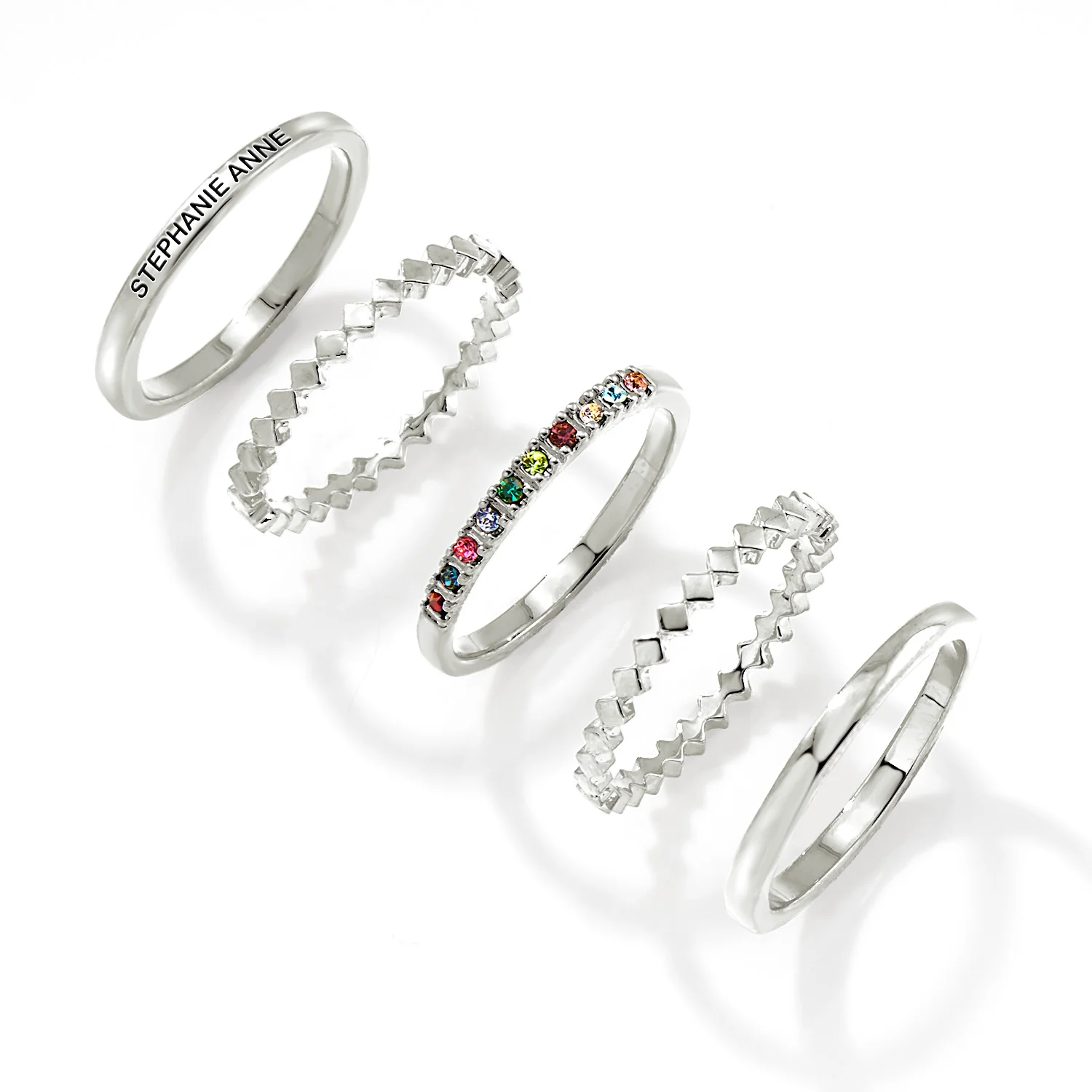 Silver Plated Personalized Family Birthstone Stackable 5 Ring Set - Image 3