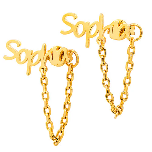 Silver Plated Personalized Name Crawler Button with Chain Loop Earring - Image 4