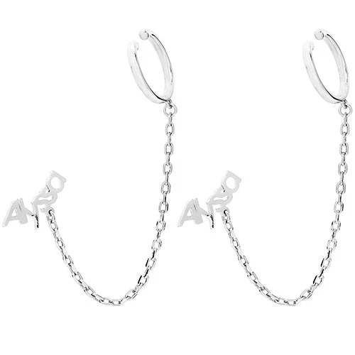 Silver Plated Personalized Name Crawler Button with Ear Cuff and Chain Earring - Image 3