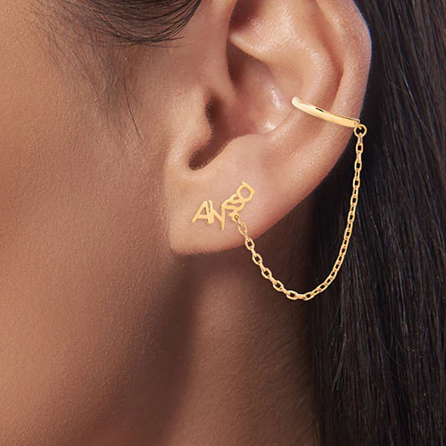 Silver Plated Personalized Name Crawler Button with Ear Cuff and Chain Earring - Image 4