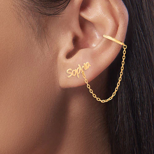 Silver Plated Personalized Name Crawler Button with Ear Cuff and Chain Earring - Image 4