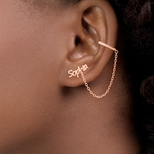 Silver Plated Personalized Name Crawler Button with Ear Cuff and Chain Earring - Image 6