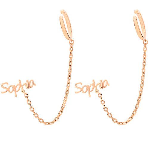 Silver Plated Personalized Name Crawler Button with Ear Cuff and Chain Earring - Image 7