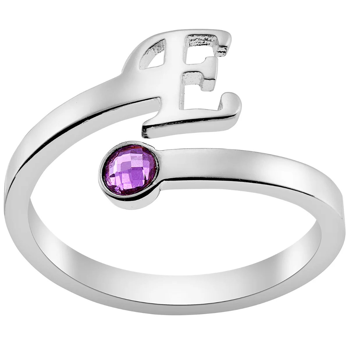 Silver Plated Script Initial and Birthstone Bypass Ring