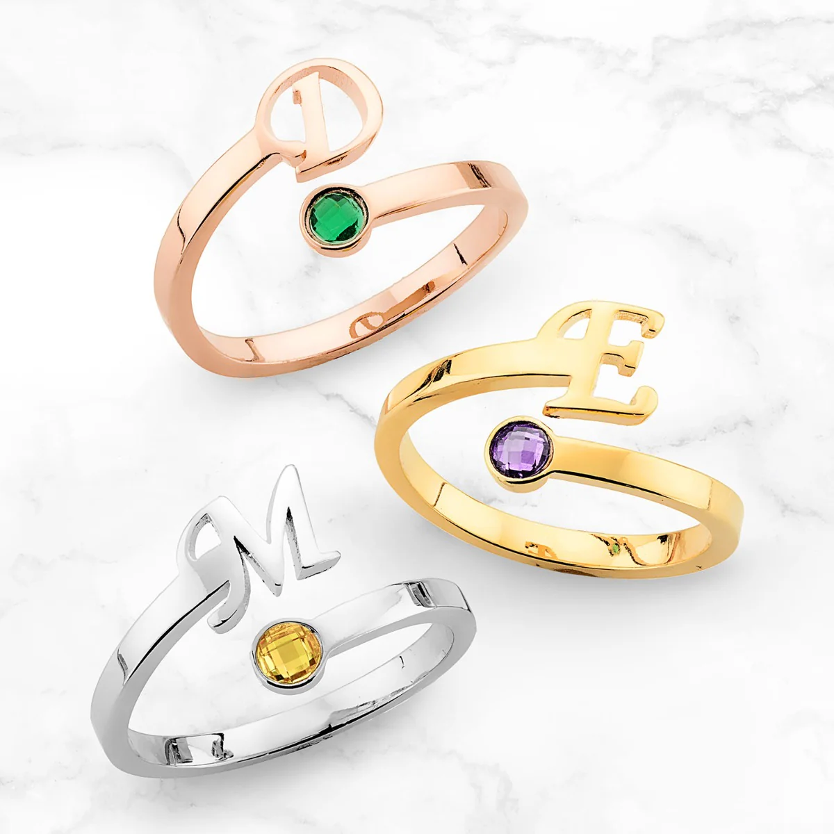 Silver Plated Script Initial and Birthstone Bypass Ring - Image 3