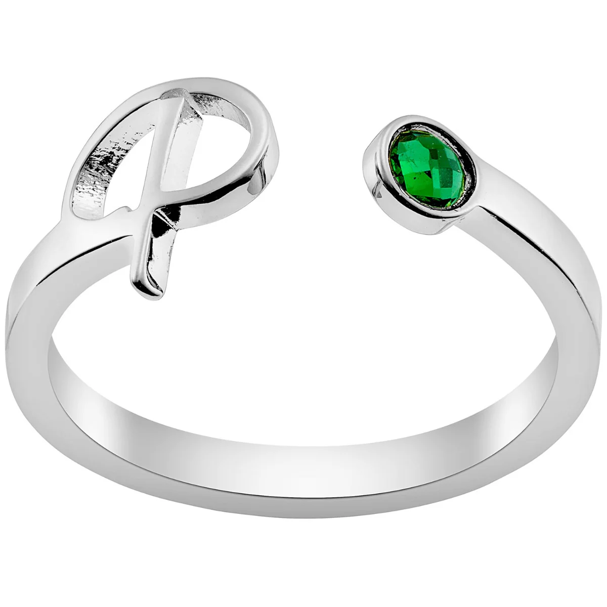 Silver Plated Script Initial and Birthstone Open Ring
