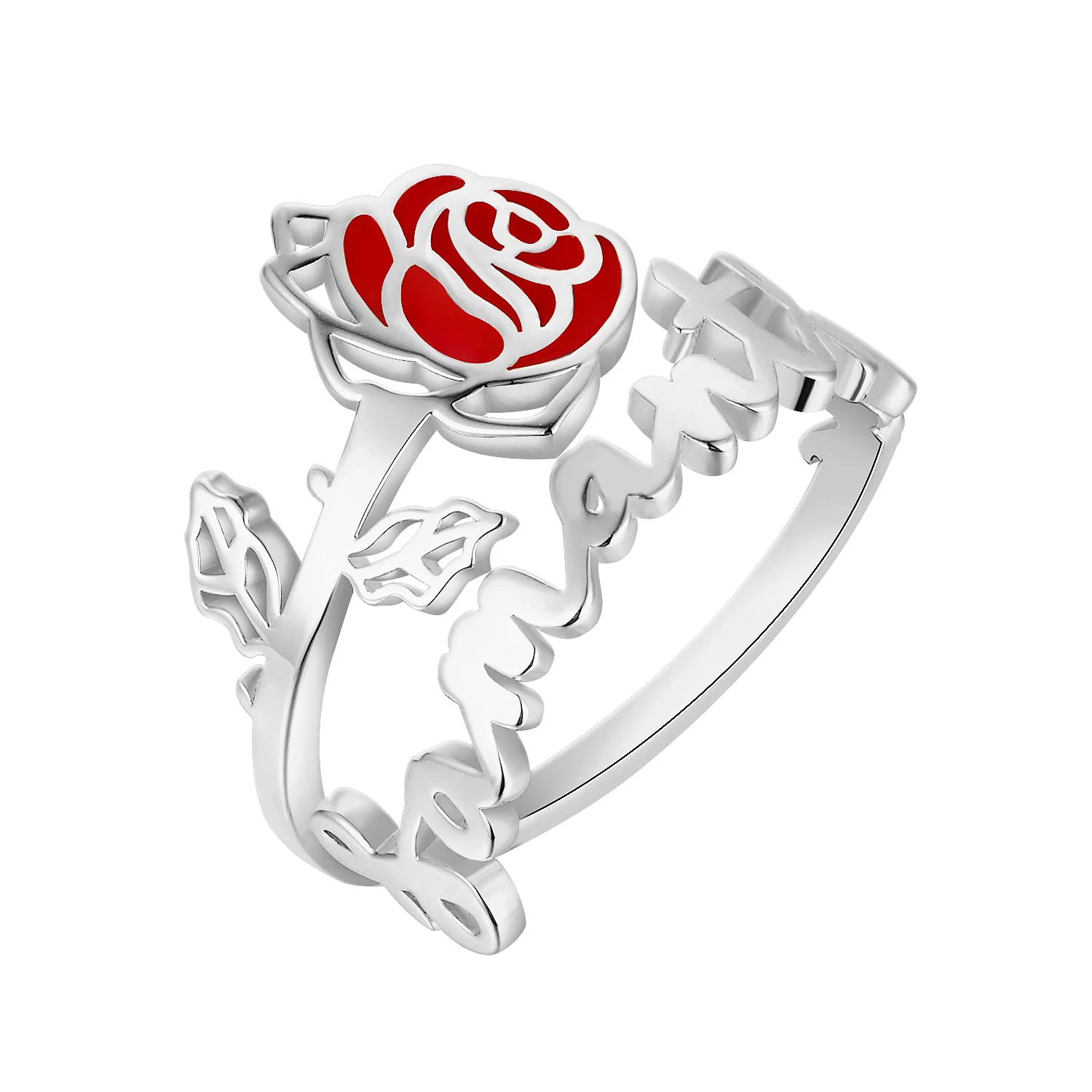 Silver Script Name and Birthmonth Enamel Flower Bypass Ring - Image 3