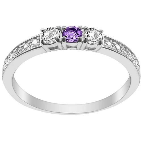 Silver Plated Simulated Amethyst and Clear Crystal 3-Stone Ring