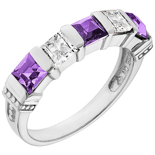 Silver Plated Simulated Amethyst and Clear Crystal 5 Stone Ring - Image 2