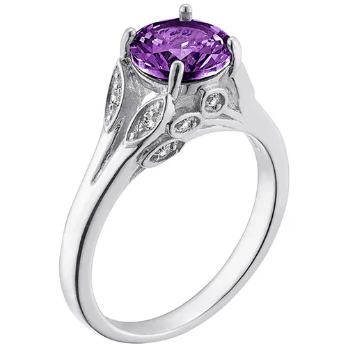 Silver Plated Simulated Amethyst with Clear Crystal Leaves Ring - Image 2