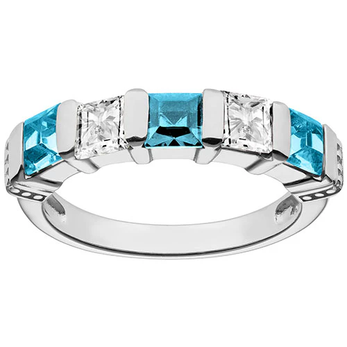 Silver Plated Simulated Blue Topaz and Clear Crystal 5 Stone Ring