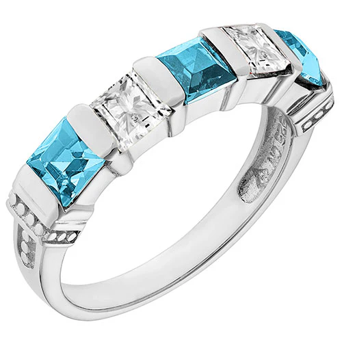 Silver Plated Simulated Blue Topaz and Clear Crystal 5 Stone Ring - Image 2