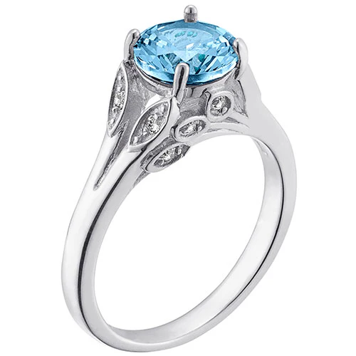 Silver Plated Simulated Blue Topaz with Clear Crystal Leaves Ring - Image 2