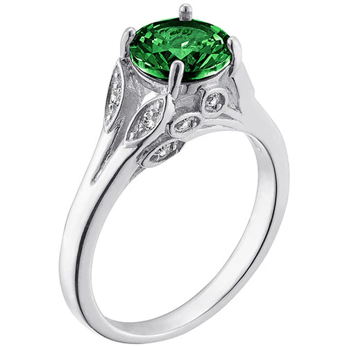Silver Plated Simulated Emerald with Clear Crystal Leaves Ring - Image 2