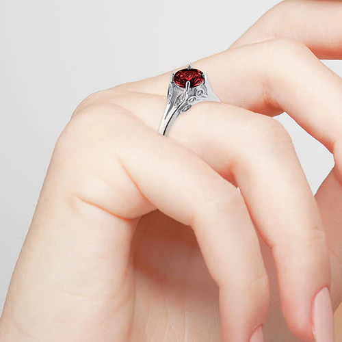 Silver Plated Simulated Garnet with Clear Crystal Leaves Ring - Image 3