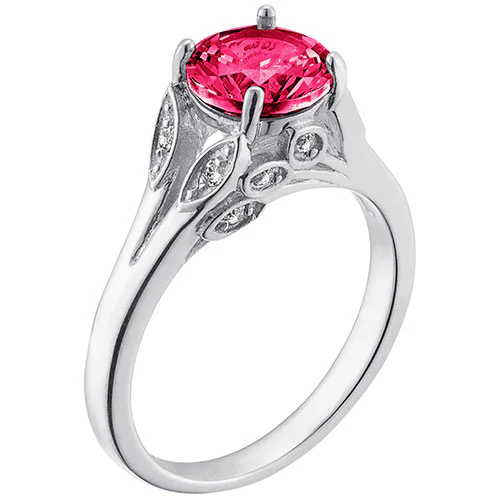 Silver Plated Simulated Ruby with Clear Crystal Leaves Ring - Image 2