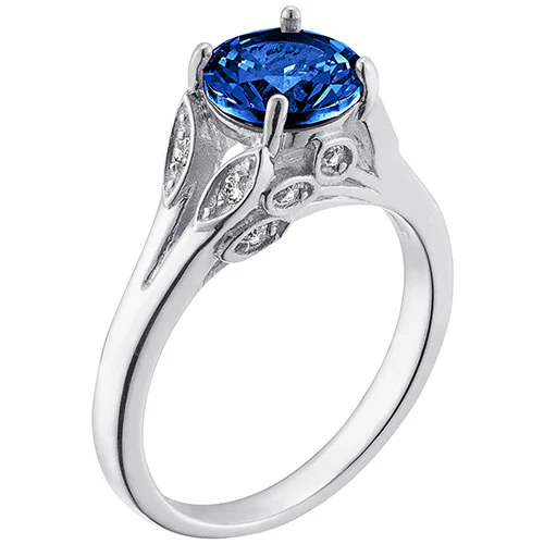 Silver Plated Simulated Sapphire with Clear Crystal Leaves Ring - Image 2