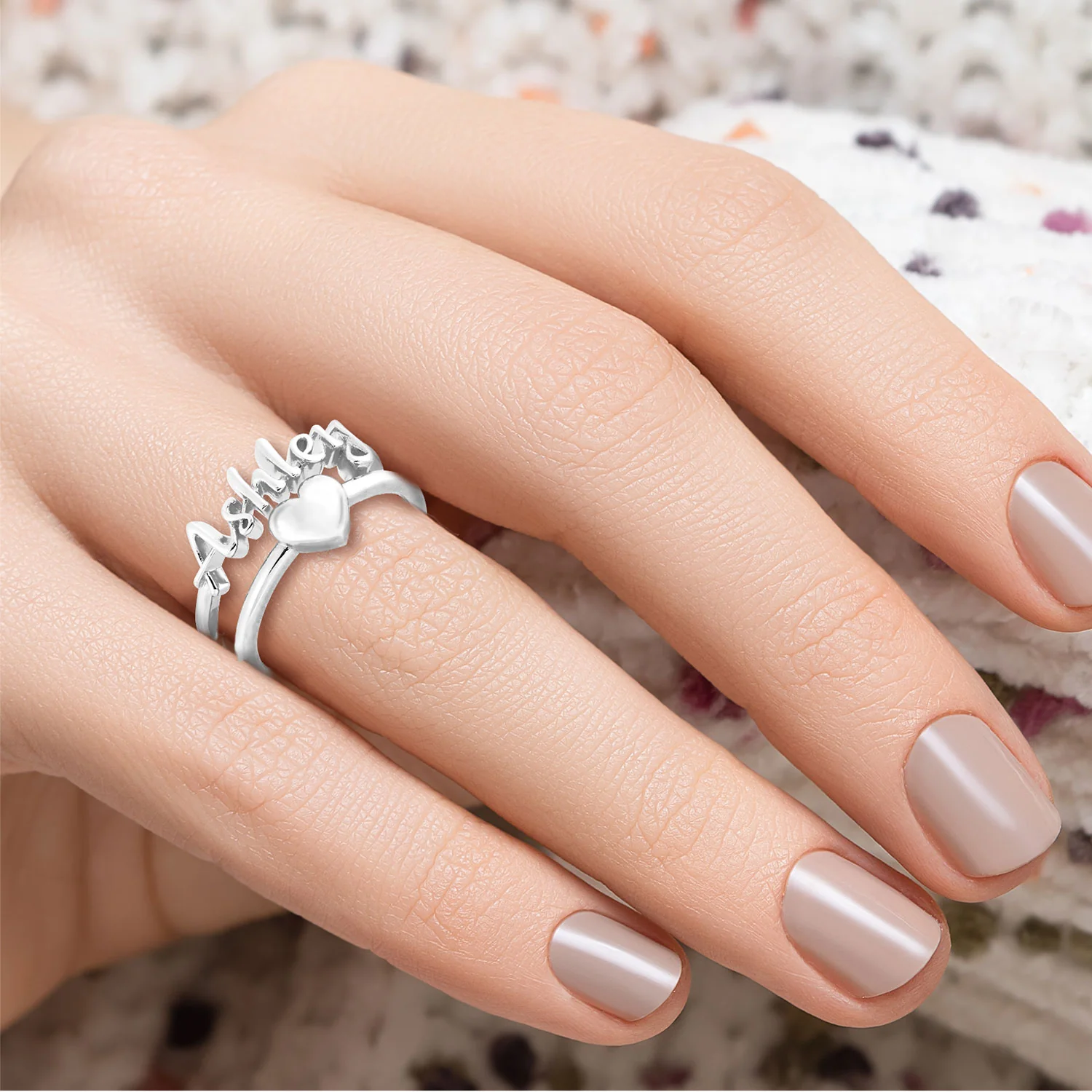 Silver Script Name and Heart Double Row Ring - Image 3