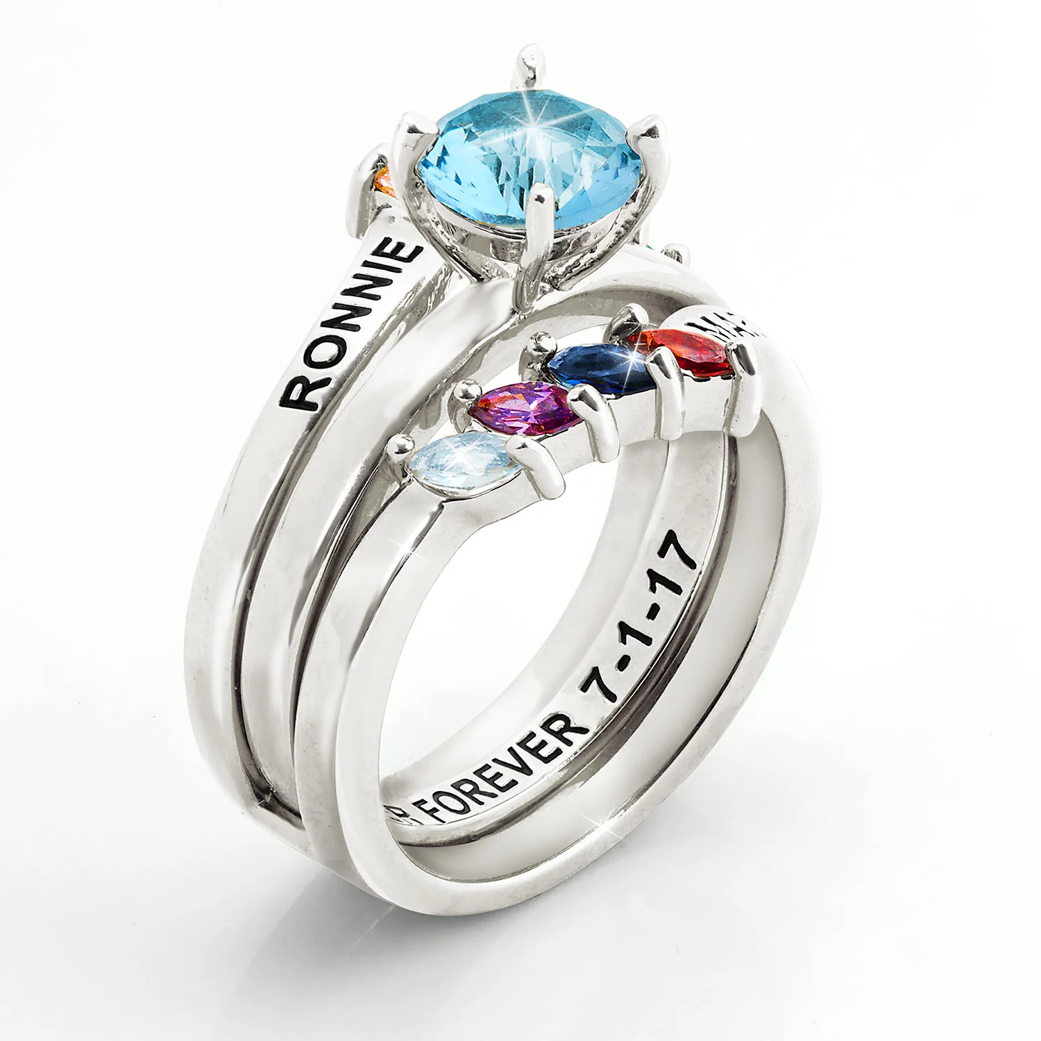 Silver Plated Solitaire and Family Birthstone Bypass Enhancer Ring Set - Image 2