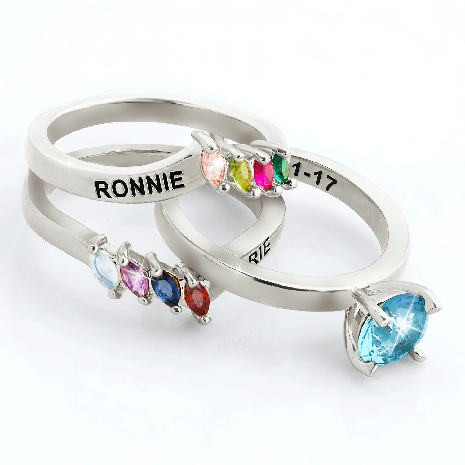 Silver Plated Solitaire and Family Birthstone Bypass Enhancer Ring Set - Image 4